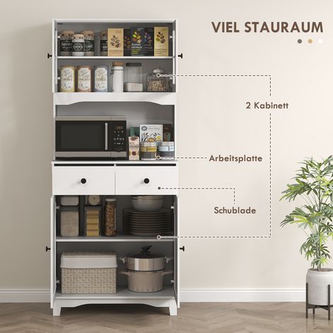 Meuble de cuisine autoportant avec plan de travail pour four micro-ondes, cafetière, armoires à portes vitrées, blanc (1/4)