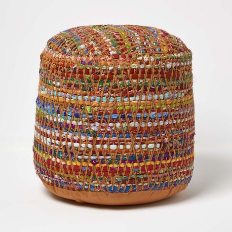 HOMESCAPES Designer Hocker Pouf rund Chindi creme