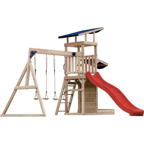 Axi Malik Aire De Jeux En Bois Avec 2 Balançoires, Toboggan Rouge/ Aire De Jeux Extérieur, Bac À Sable, Mûr De Jeux/Toboggan Avec Raccordement À Eau  Portique Balançoire/Jeux En Bois Extérieur