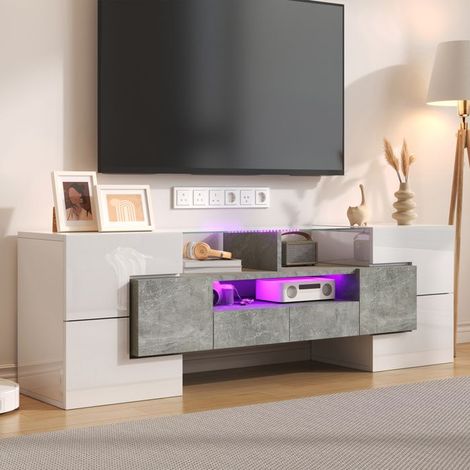Mobile TV bianco lucido, con illuminazione LED, 6 porte, 2 cassetti, mobile da soggiorno, Design moderno, 145 x 30 x 51 cm