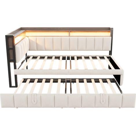 Letto singolo imbottito 90x200 cm con letto estraibile, LED, USB e USB-C, beige MODENUIT (1/5)
