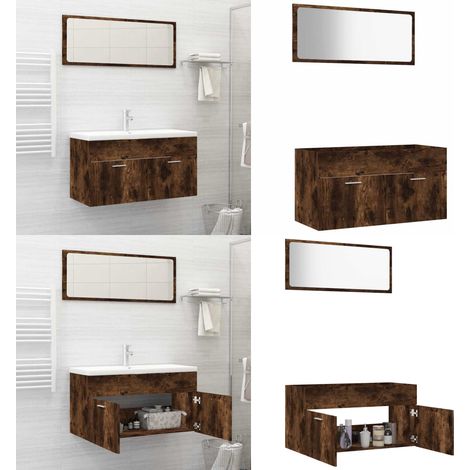 Set de muebles baño 2 pzas madera contrachapada roble ahumado - Armario de baño - Muebles de baño con espejo