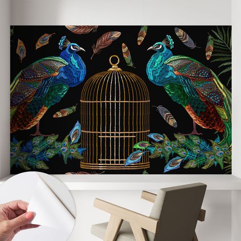 Papier peint adhésif décoratif pour salon chambre et cuisine Facile à poser avec colle Image de paon 104x70 cm (1/5)
