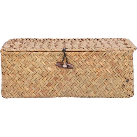 Panies en Osie Jonc de Me - 29,5x19,2x12,6 cm Décoation Tessée otin ectangulaie Couvecle angement Boîte Stockage Natuel Poignées Jouet Collation Toilette Cuisine Salle Bain(L) (1/3)