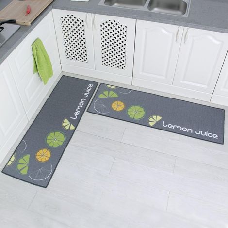 Juego de 2 tapetes de cocina antideslizantes con reverso de goma, diseño de limón (gris, 38 x 119 cm + 38 x 58 cm)