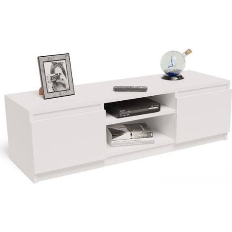 Meuble TV Blanc - Banc TV, Table TV avec 2 portes et 2 étagères - 120 x 40 x 36 cm (1/4)