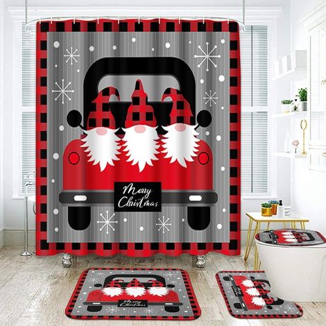Set Salle De Bains Noel - Rideau De Douche Et Tapis - Motif Renne Arbre De Noel Flocons De Neige - 4 Pieces (1/5)
