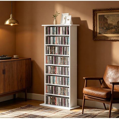 Étagère CD/DVD 58x24x126,3 cm en panneaux de particules blanche, 8 niches gain de place – MEUBLIV (1/5)