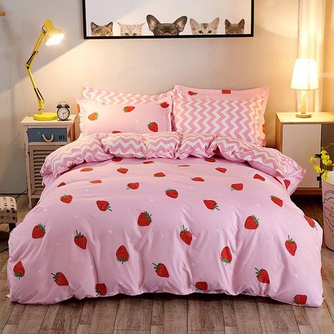 Parure de lit avec housse de couette 155 x 220 cm en microfibre douce et chaude pour enfants et adolescentes Motif fraise (1/5)