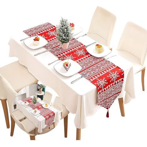 Chemin de table en coton tartan de Noël rouge, nappe décorative pour la maison, chemin de table lavable à pampilles pour les dîners de famille, décoration de fête (1/5)