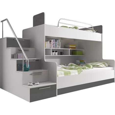 Litera Campus, Blanco + Blanco brillante + Gris brillante, De dos pisos, 90x200, Aglomerado laminado, MDF, 120x254x166cm (1/4)