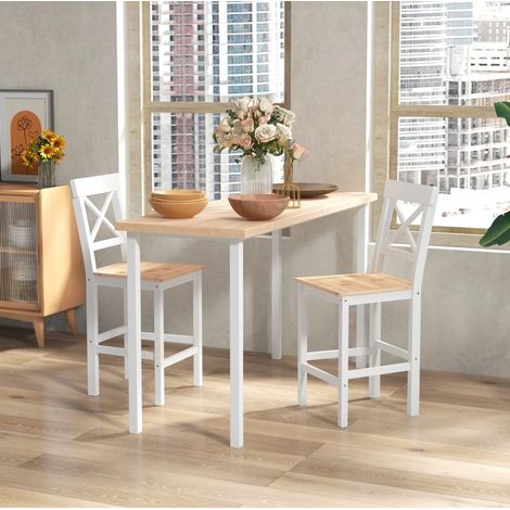 Set de 2 taburetes de bar de madera de pino natural con respaldo y reposapiés, estilo rústico (1/5)