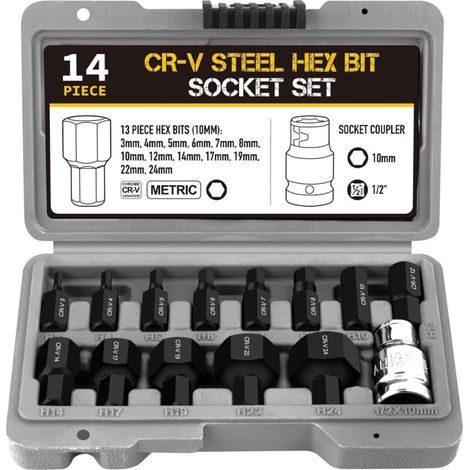 14 Pièces Jeu de Douilles 6 pans, Douille Allen 3, 4, 5, 6, 7, 8, 10, 12, 14, 17, 19, 22, 24 mm, a Choc 1/2 avec Mallette en Plastique, pour Clé Electrique, à Cliquet (1) 1 - (1/5)