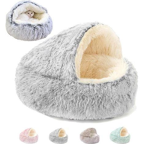 Lit coquillage semi fermé pour chat chien en tissu peluche blanc gris, niche chaude et douillette pour repos quotidien intérieur (1/5)