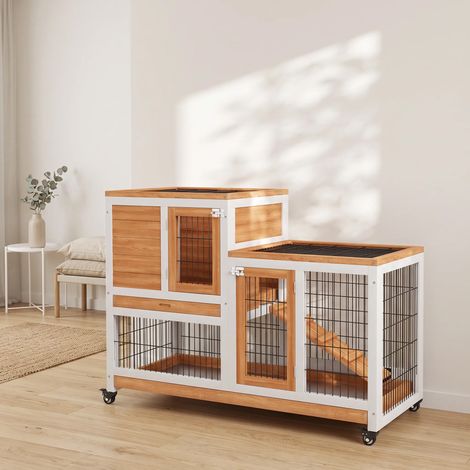 Clapier Lapin Intérieur sur Roulettes 2 Niveaux, Enclos, Rampe, 2 Portes Verrouillables, 2 Plateaux, 110x50x88cm, Jaune (1/5)
