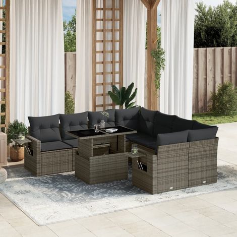 vidaXL Set Divano da Giardino 9 pz con Cuscini Grigio in Polyrattan (1/5)