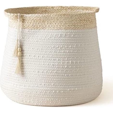 Cesto portabiancheria in cotone, con struttura in corda intrecciata, manico e nappe, colore bianco, dimensioni 38h x 44w cm. (1/5)