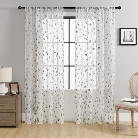 Cortinas transparentes de dos piezas para salón, con estampado de hojas bordadas, estilo primaveral, 132 cm x 160 cm, color gris (1/5)