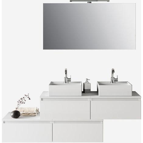 Mobile bagno sospeso doppio lavabo con specchio 8 pezzi Astra - Bianco