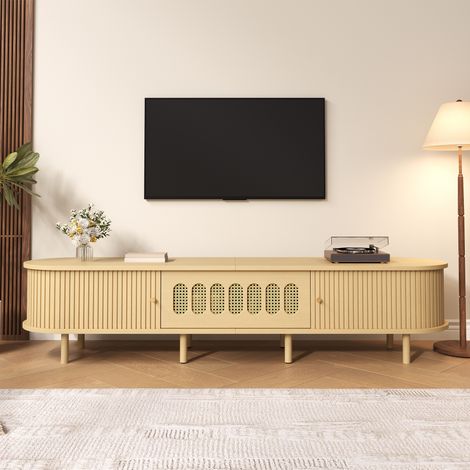 Meuble TV 180×40×40 cm - porte à volet roulant, porte abattante, design rotin - MDF - Naturel (1/5)