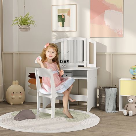 Ensemble coiffeuse pour enfants avec miroir triple amovible et chaise en bois blanc