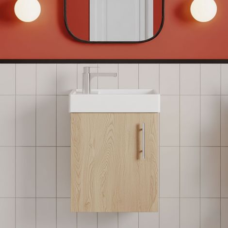 Nuie Vault Wall Hung 1-Door Vanity Unit with Basin 400mm Wide - Bleached Oak (1/5)