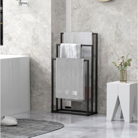 Porte-serviettes sur pied 45x21,5x85 cm en acier noir, gain de place salle de bain FLORAGRACE (1/5)