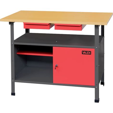 banc de travail Valex en bois et acier avec 2 tiroirs et porte rabattable 120x60x85 cm