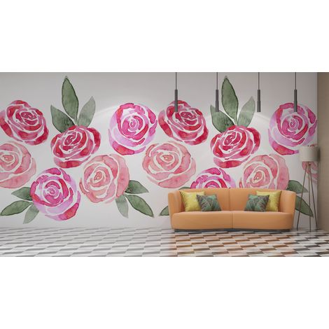 Papier peint fleuri - frise de roses roses - 300 x 250 cm (1/2)