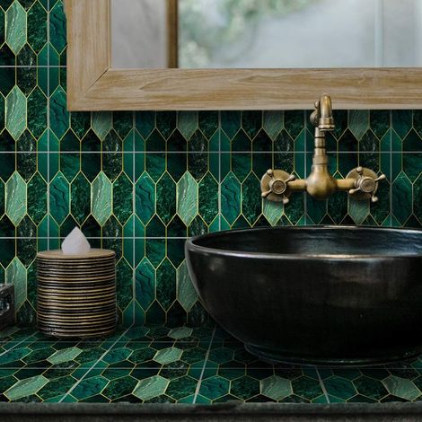 à décoller et recoller façon carrelage mosaïque pour carrelage mural et de sol, crédence, décoration d’intérieur, cuisine, salle de bains, 15 x 15 cm, autocollants mosaïques, couleur vert doré (1/5)