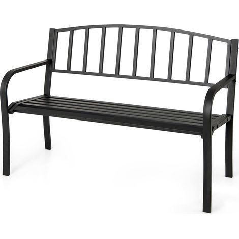 GOPLUS Banc Exterieur Jardin à 2 Places, 127 x 59 x 81 CM, Siège en Métal avec Dossier, Accoudoir et Assise Courbée, Design Vertical à Lattes, Banquette Extérieur Jardin pour Patio (Vertical, Noir) (1/5)