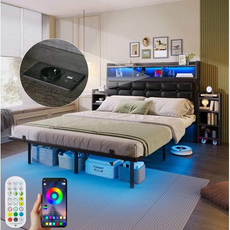 REDOM - Lit double 140x190 cm avec LED, station de charge et 2 tables de chevet, métal gris (Sans matelas) (1/5)