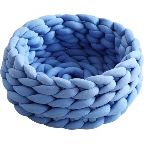 Panier fait main d'une seule pièce pour animaux de compagnie, chiens, chats, corde de coton tissée grossière, oreiller doux pour dormir, chiots, chatons, laine tricotée (35cm, bleu)