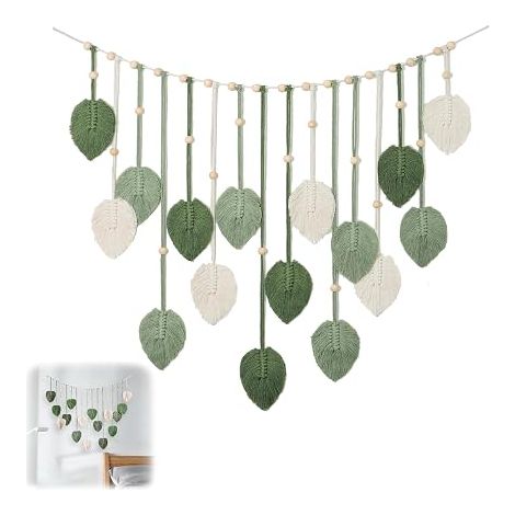 Bohemian Wall Decoration, 120 x 75 cm Wall Tapestry, Handmade Macrame Wall Tapestry, Large Woven Tapestry with Wooden Beads and Leaves, for Bedroom, Living Room, Children's Room (Green) (1/3)