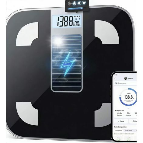 Solar Bathroom Scales , Bluetooth Connected Scales with App, 13 Body Composition Analyses, 180 kg, Black (1/4)