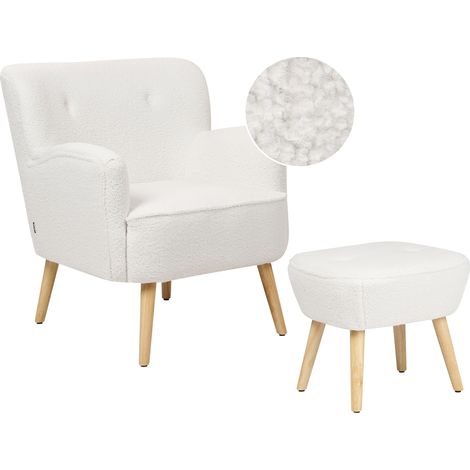 Conjunto sillón y reposapiés moderno boho tapizado botones blanco liso bouclé Tumba