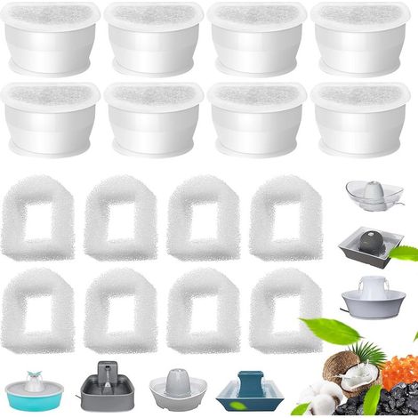 Filtre Fontaine Eau Chat, 8 Filtres Au Charbon De Remplacement+8 Filtre en Mousse de Rechange pour Fontaines PetSafe Drinkwell Avalon, Pagode