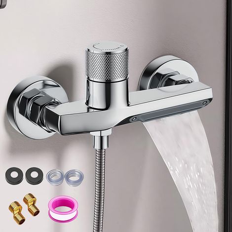 Robinet de douche avec thermostat en cuivre plein, mitigeur pour douche avec 2 sorties, robinet de baignoire avec bec cascade, montage mural (1/5)