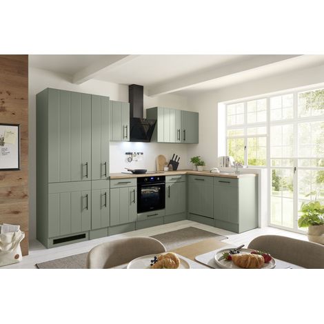 L Küche Winkelküche Landhaus Grün Anton 310 Induktion Kühlschrank groß Respekta