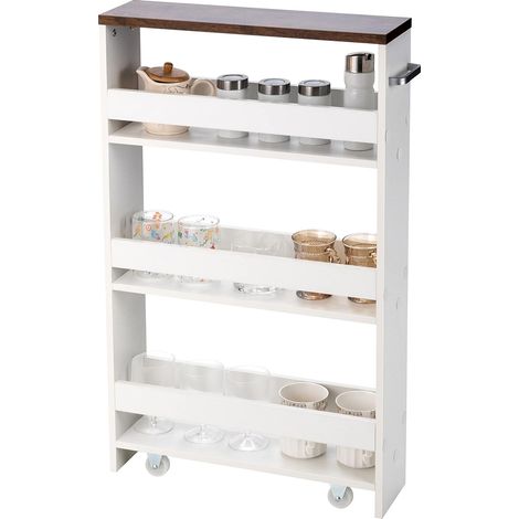 COSTWAY 4 Ebenen Nischenregal auf Rollen, Küchenwagen schmal, Badregal mit seitlichem Griff, aus Holz, 48 x 12,5 x 81 cm (1/5)