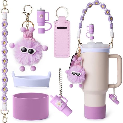Convient aux bouteilles d'eau Stanley, y compris les poignées, les nœuds, les bouchons de paille, les manchons de tasse en silicone, les porte-clés pour bouteilles d'eau et onze pompons.