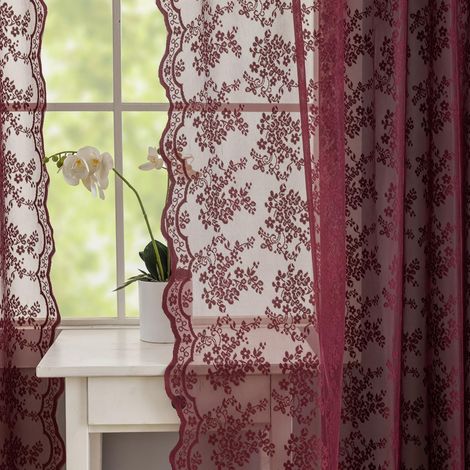 Rideaux Transparents Vintage Bordeaux de 160 cm de Long pour Salle à Manger, Cuisine, Bords festonnés, Traitement de fenêtre en Dentelle, filtrant la lumière, Voilage en Tulle pour Chambre à Coucher (1/5)