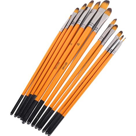 12 pinceaux acryliques à poils lisses en nylon, manches en bois et anneaux métalliques. Idéaux pour les artistes, les loisirs créatifs et la peinture. Manches orange et pointes noisette.