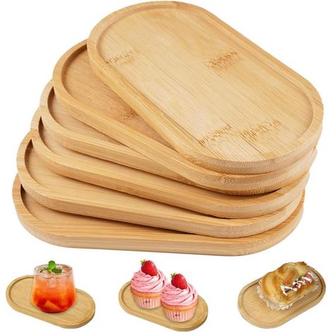 Set di 6 mini vassoi ovali in bambù (17,5x8,8x1 cm), sottobicchieri e ciotole da portata per tè, caffè, snack e dessert. (1/5)