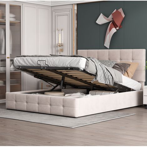 Letto imbottito 140x200 cm crema, velluto, contenitore idraulico e rete a doghe (1/5)