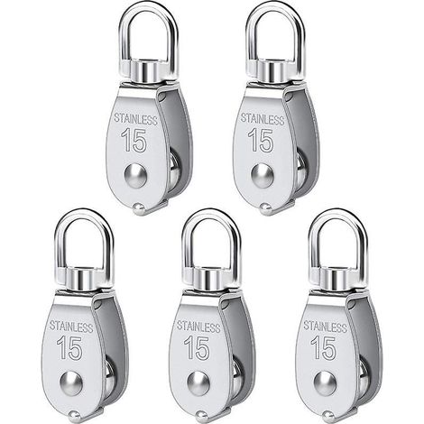 5 Pices M15 Poulie Simple En Acier Inoxydable 304, 15mm Seul Poulies Bloc Rouleau, Grue Pivot Crochet Lisse Fil Corde Cble Chargement 77lbs/35kg (1/5)