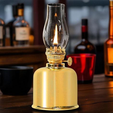 Lampe à pétrole d'intérieur en métal et verre pour intérieur, coupe-vent, rétro, luminosité réglable, pour urgence, jardin, salle à manger, doré (1/5)