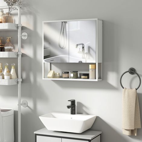 Badezimmer-Wandschrank mit Spiegel, Badezimmermöbel, 2 Spiegeltüren, offenes Fach, 60 x 16 x 60 cm, weiß