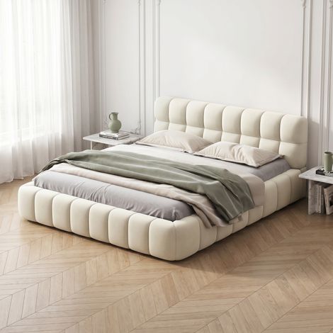 Lit double 140 x 200, lit adulte avec Dossier Confortable, lit plat avec bordure rembourrée, lit capitonné en coton et lin - Beige (1/5)