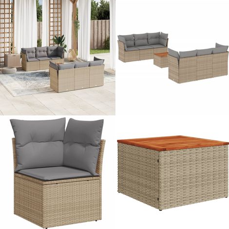 7-tlg. Garten-Sofagarnitur mit Kissen Beige Poly Rattan - Gartenmöbel Set - PE-Rattan Möbel - Outdoor Sofa - Lounge Set - Esstisch - Home & Living (1/5)